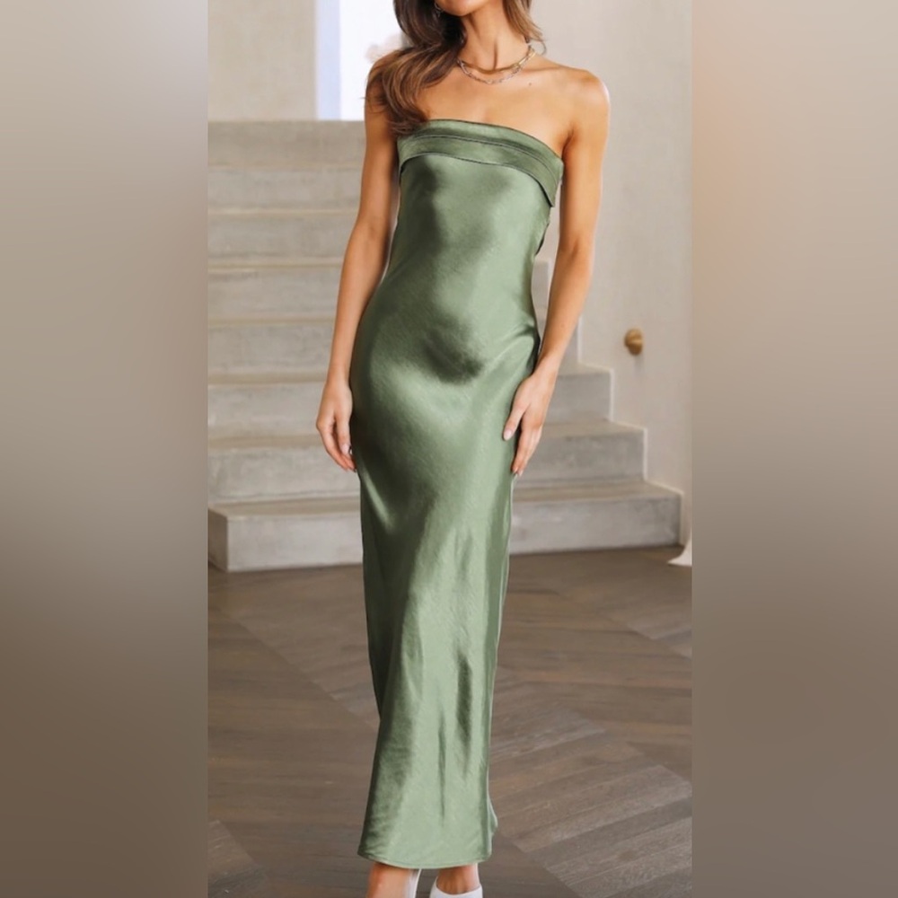 Hello Molly Run To The Top Olive Green Satin Strapless Maxi Dress - Picture 2 of 3